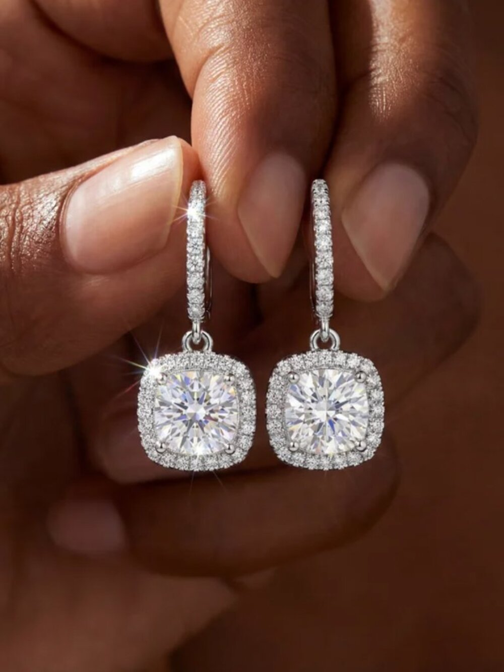 NEW 18k White Sapphire Diamond Earrings Diamond Dangle Drop Earrings Cushion Cut